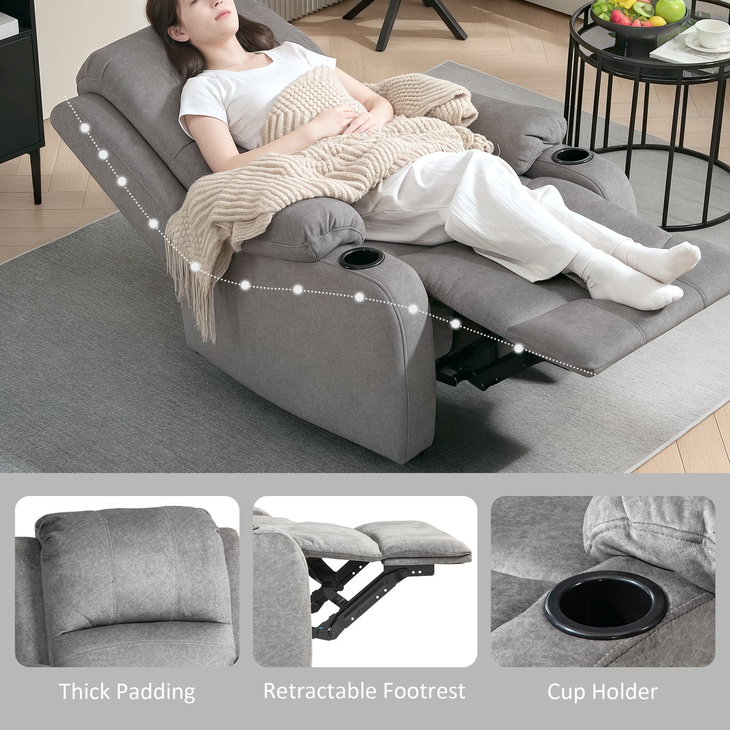 HOMCOM Microfibre Manual Reclining Armchair With Footrest Grey Cup Holder Armrests