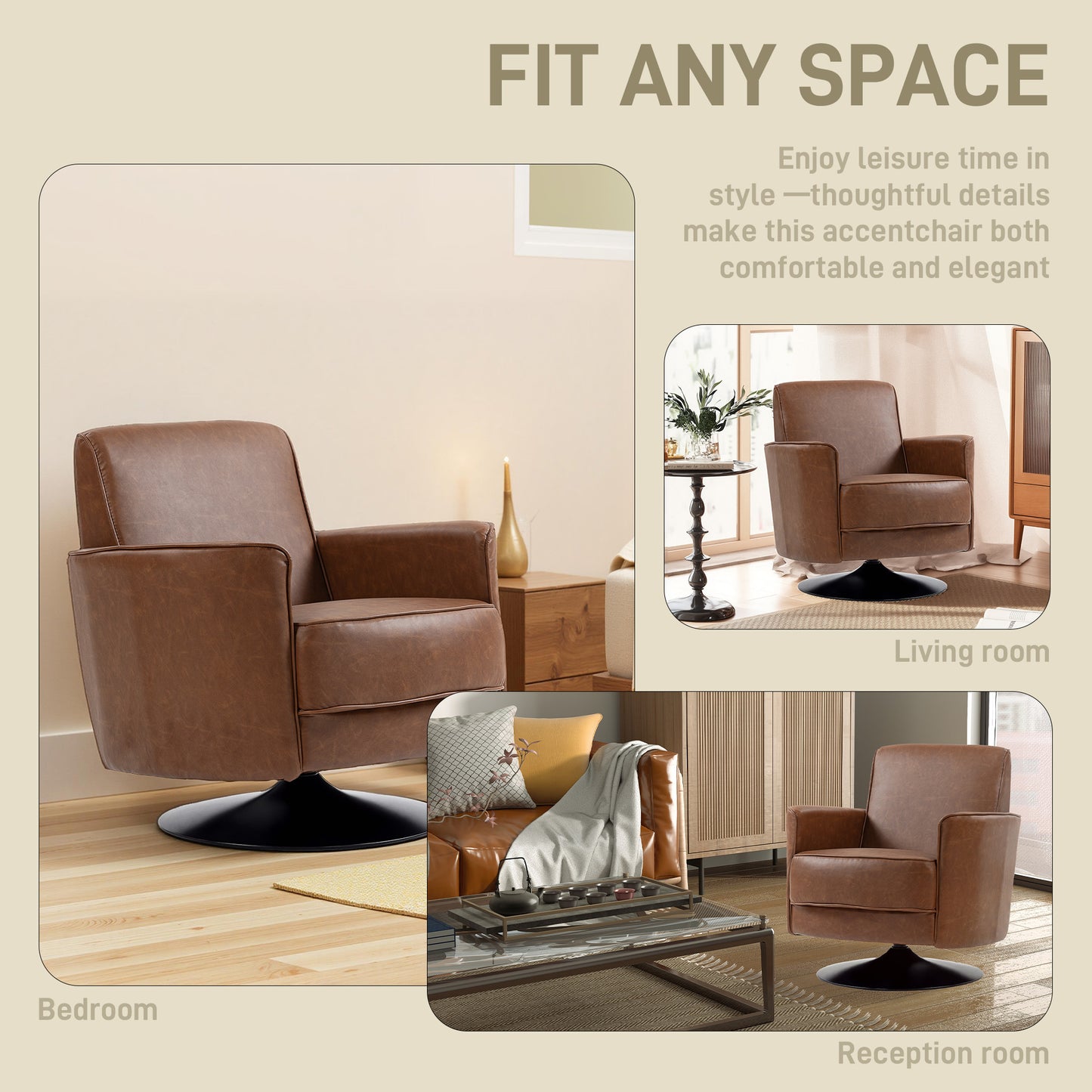 HOMCOM Upholstered Swivel Accent Chair With Pocket Spring Seat Support And 20cm Thick Padding Brown
