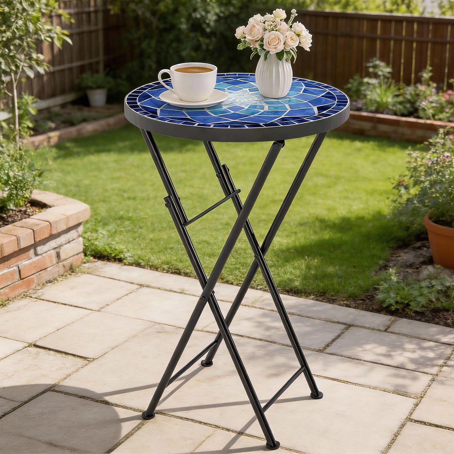 Outsunny Mosaic Outdoor Garden Table 35.5cm Round Folding Coffee Table With Metal Frame For Balcony Terrace Navy Blue