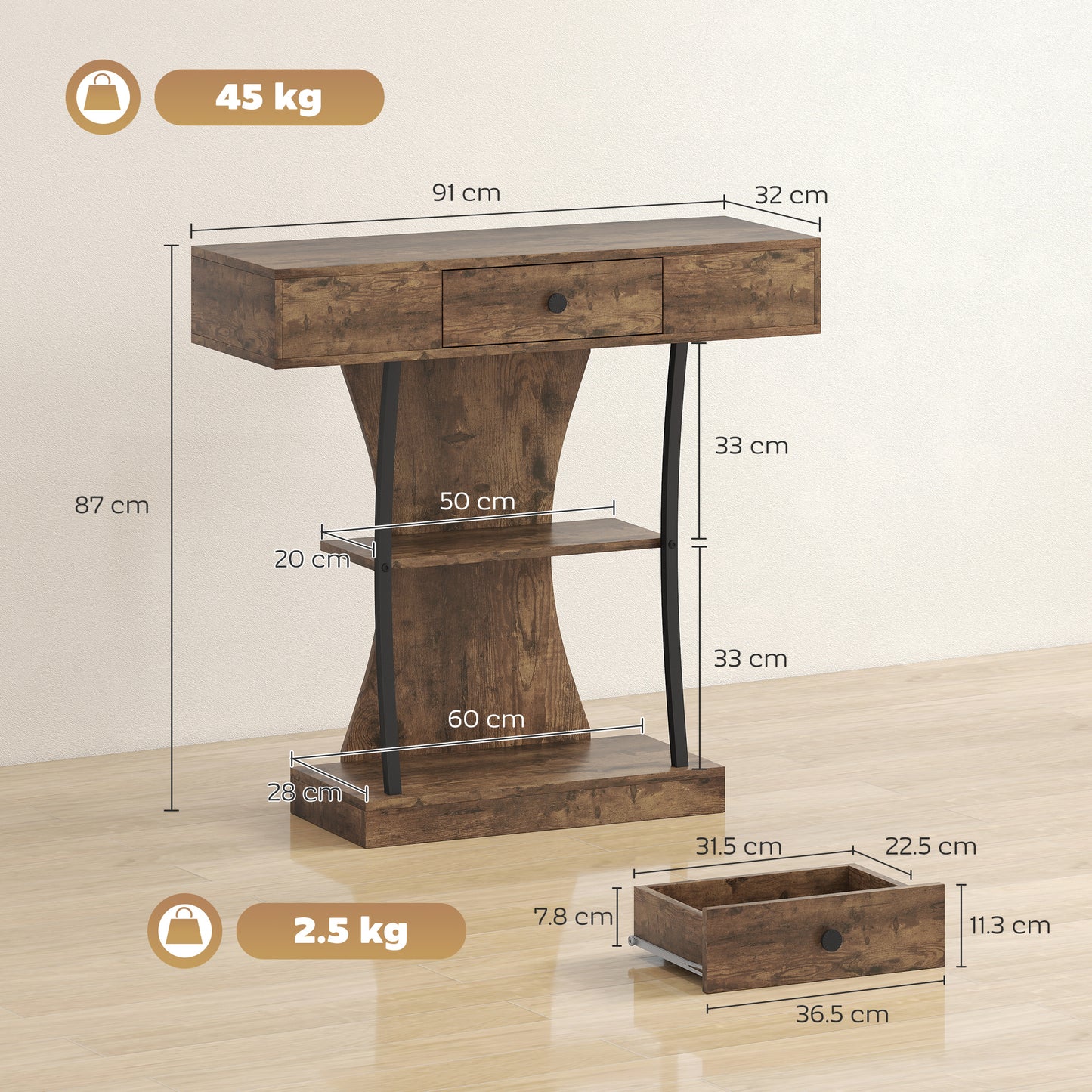 HOMCOM Console Table 3 Tier Industrial Hallway Table With Drawer And Storage Shelves Rustic Brown 91 32 87 cm