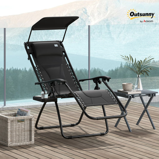 Outsunny Zero Gravity Lounger Chair Folding Recliner With Shade Cover Padded Seat Cup Holder For Poolside Camping Black