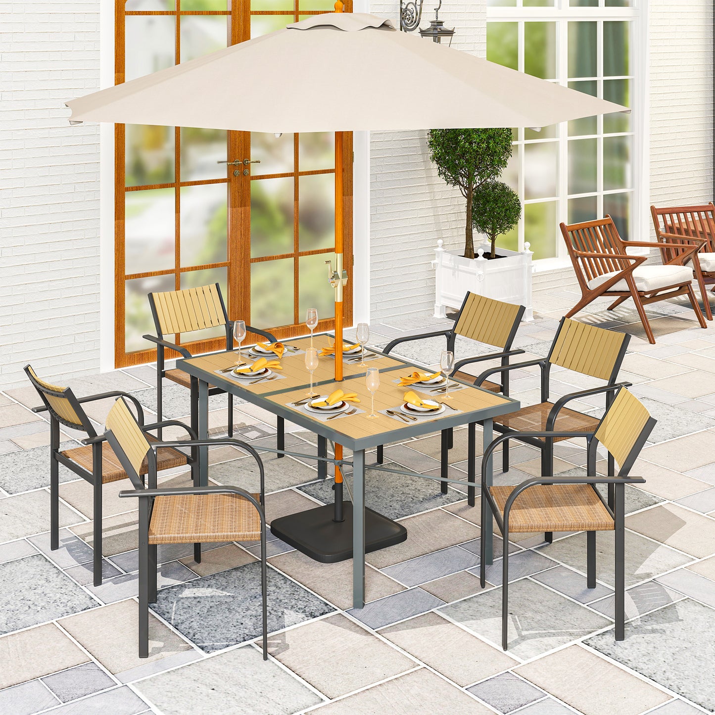 Outsunny 6 Seater Outdoor Dining Table 150 cm With Wood Effect Top Umbrella Hole Rust Resistant Frame Wood Finish