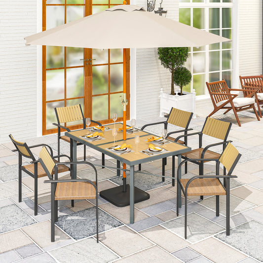 Outsunny 6 Seater Outdoor Dining Table 150 cm With Wood Effect Top Umbrella Hole Rust Resistant Frame Wood Finish