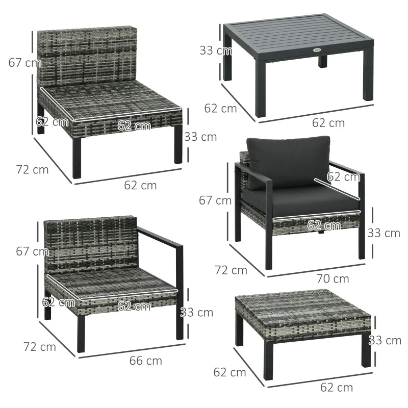 Outsunny 6-Piece Patio Furniture Set - Charcoal Grey Outdoor Sofa, Armchair, Stool, Metal Table with Cushions - ALL4U RETAILER LTD