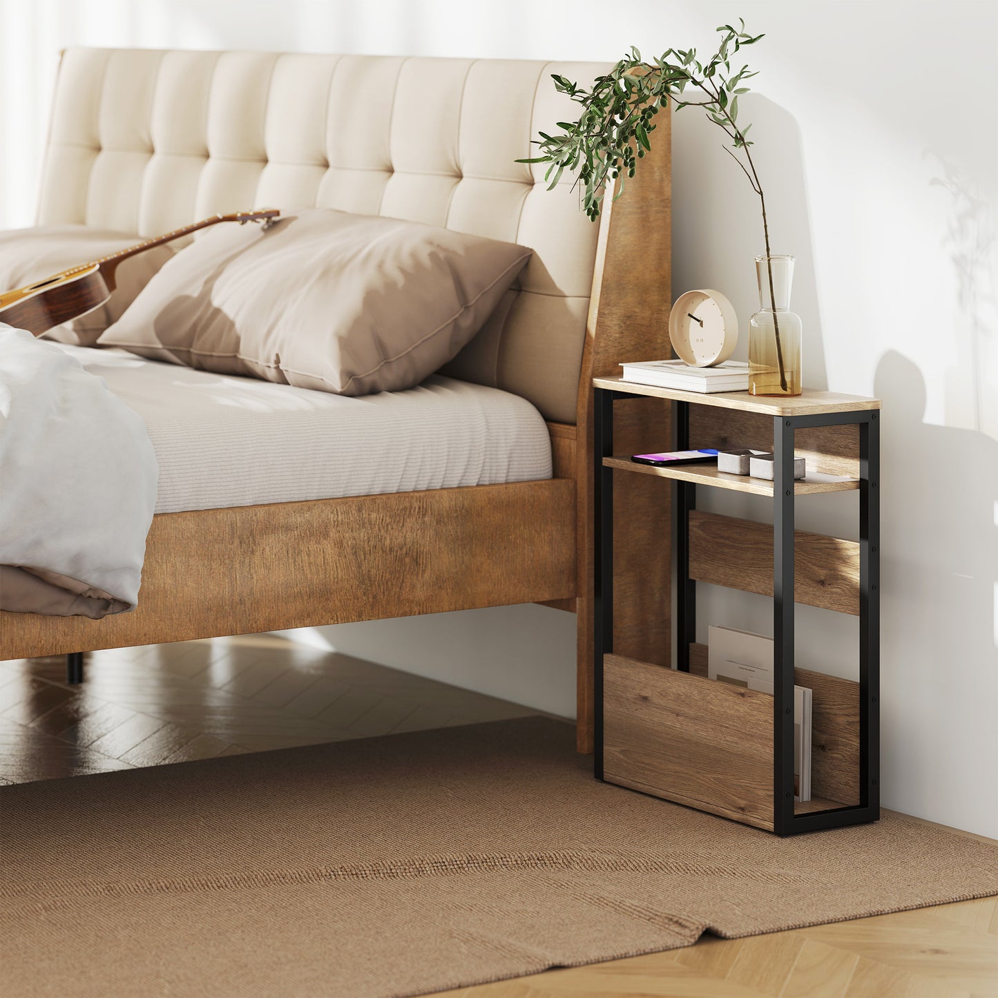 HOMCOM Industrial Style Side Table Black Walnut Brown With Two Shelves Nightstand Sofa Table