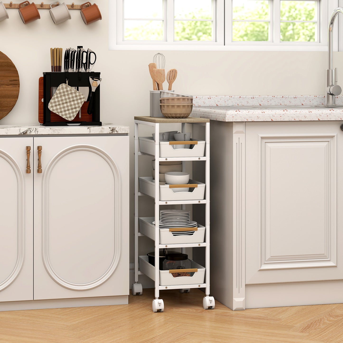 HOMCOM Five Tier Storage Trolley On Wheels White Kitchen Cart With Wood Effect Top And Four Pull Out Drawers