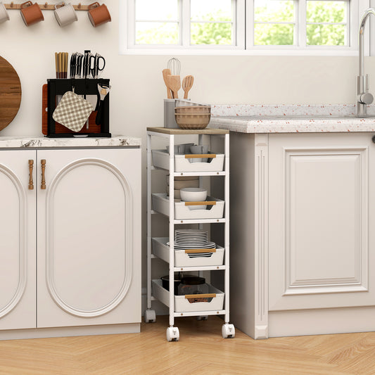 HOMCOM Five Tier Storage Trolley On Wheels White Kitchen Cart With Wood Effect Top And Four Pull Out Drawers