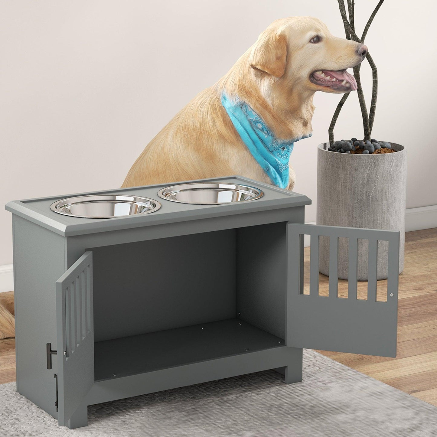 PawHut Raised Dog Bowls for Large Dogs Feeding Station w/ Stand, Storage - Grey - ALL4U RETAILER LTD