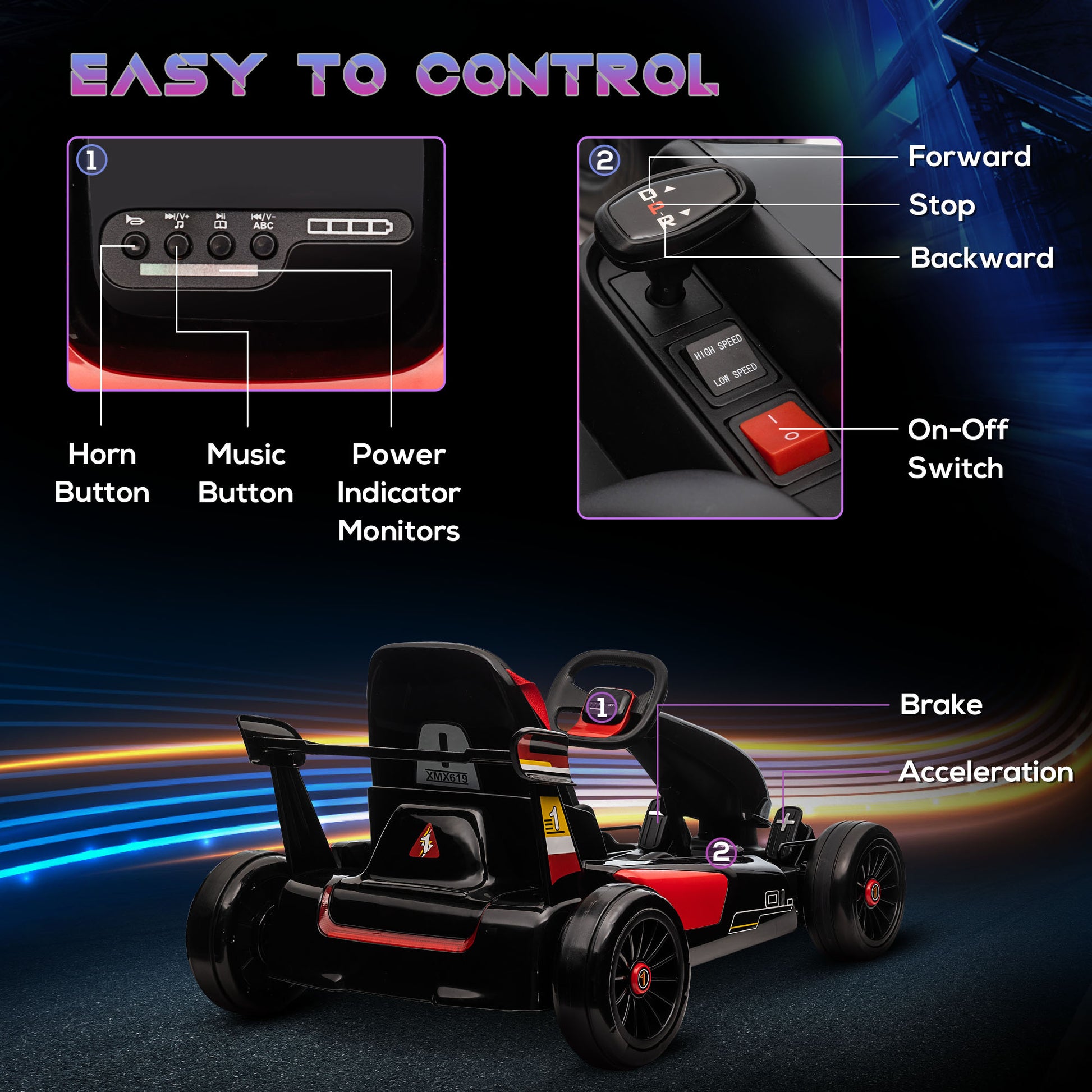 HOMCOM Kids Electric Racing Go Kart with Adjustable Footrest and Parental Remote Control, 12V Rechargeable Battery, Two Speed Modes, Black - ALL4U RETAILER LTD