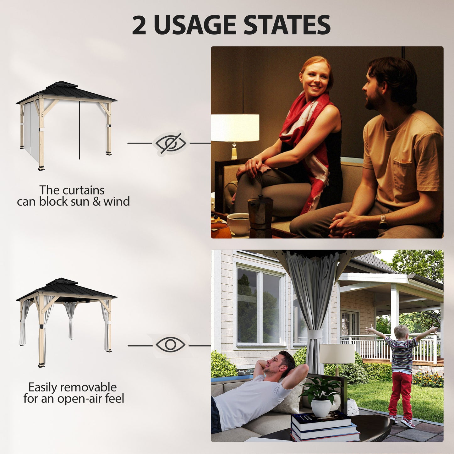 Outsunny 3 x 3 m Outdoor Hardtop Gazebo Canopy With Curtains And 2 Tier Steel Roof Wood Garden Gazebo Light Grey