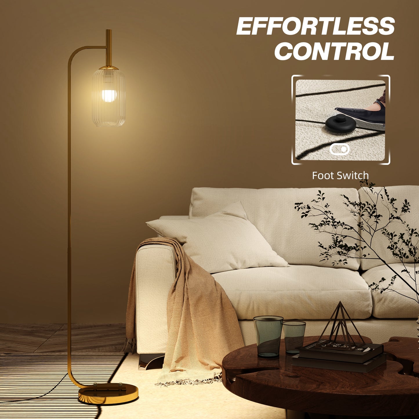 HOMCOM LED Floor Lamp With Glass Lampshade Modern Standing Lamp Foot Switch Adjustable Brightness 2700K Gold Tone