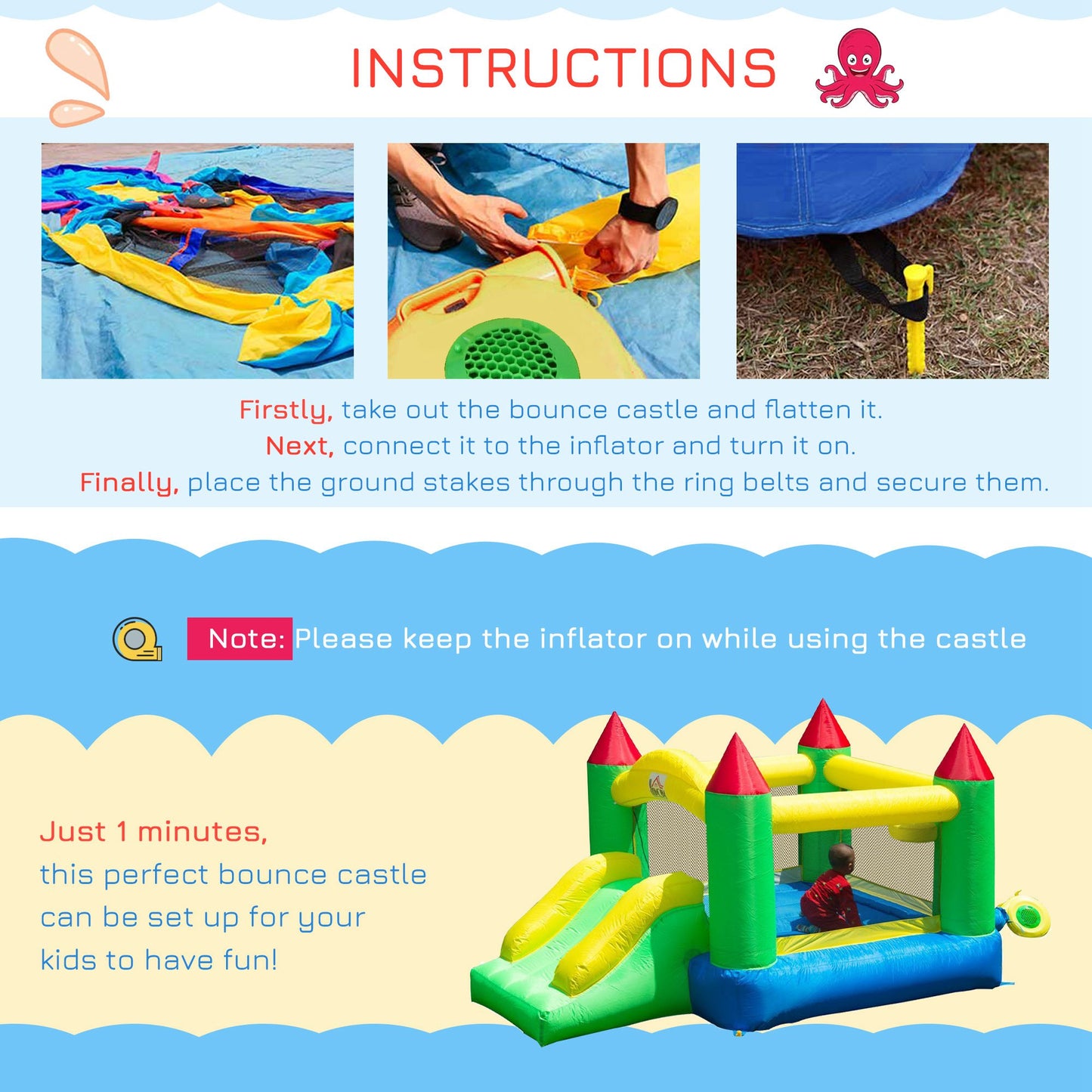 Outsunny Kids Inflatable Bouncing Castle with Blower for Indoor and Outdoor Fun - ALL4U RETAILER LTD