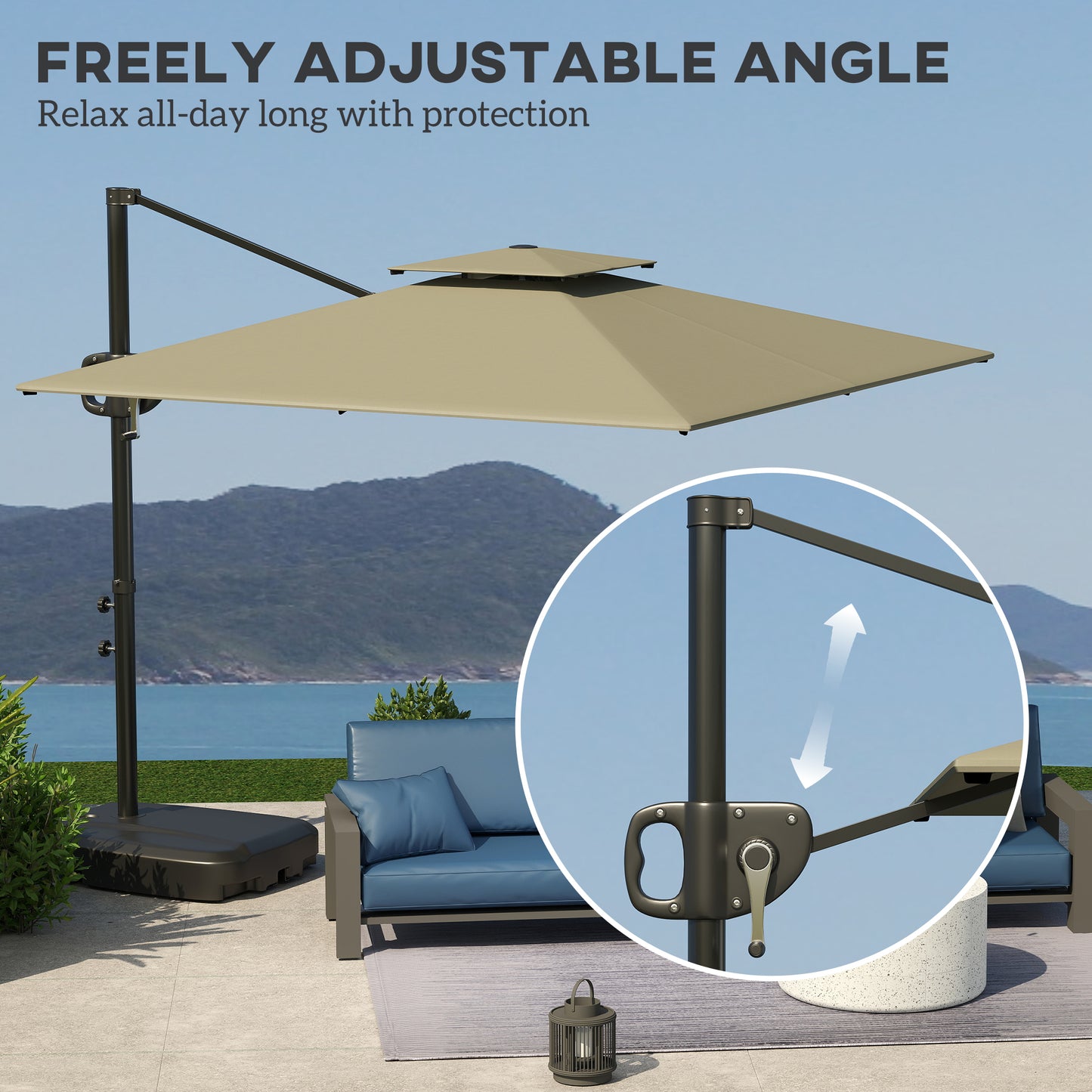 Outsunny Cantilever Parasol With Weighted Base Double Top Square Hanging Patio Umbrella Crank Tilt Light Grey