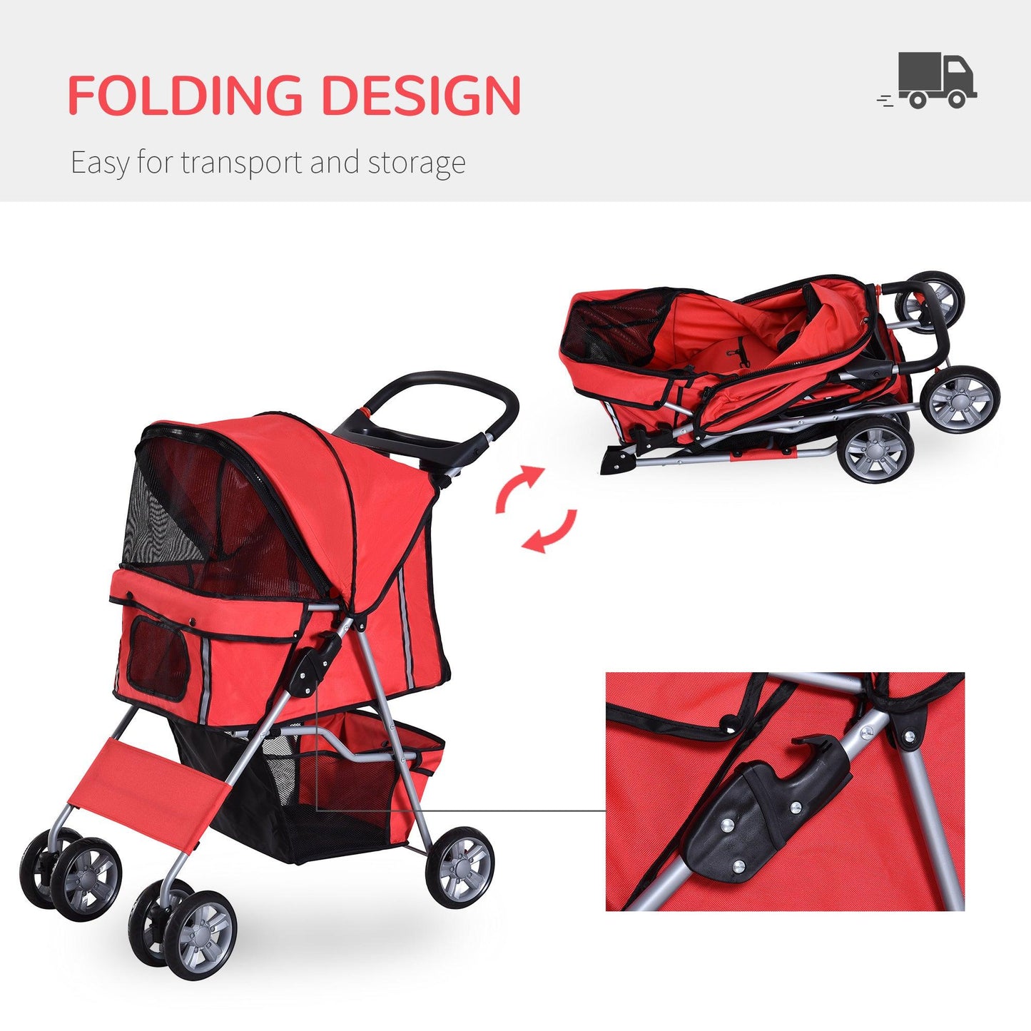 PawHut Mini Dog Stroller with Rain Cover, Folding Pet Pram - Red - ALL4U RETAILER LTD