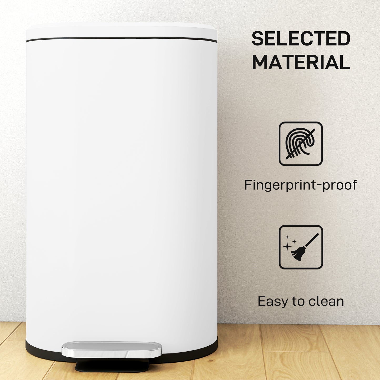HOMCOM 30 L Pedal Kitchen Bin Modern Curved White With Soft Close Lid Fingerprint Resistant Metal For Quiet Operation