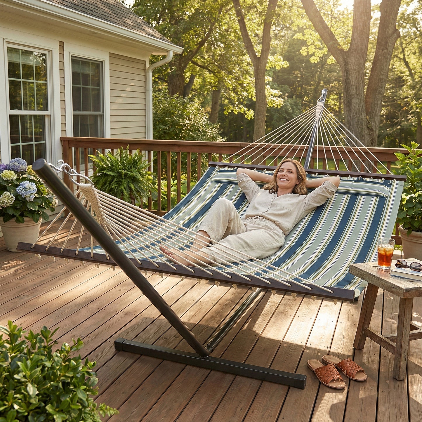 Outsunny Outdoor Hammock With Stand Detachable Pillow Striped Swing Steel Frame Green For Garden And Patio