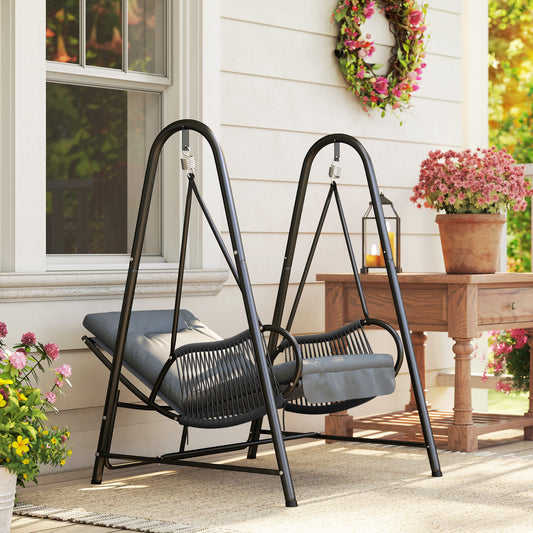 Outsunny Rattan Hanging Swing Chair With Stand And Seat Cushion For Outdoor Balcony Garden Deck Dark Grey