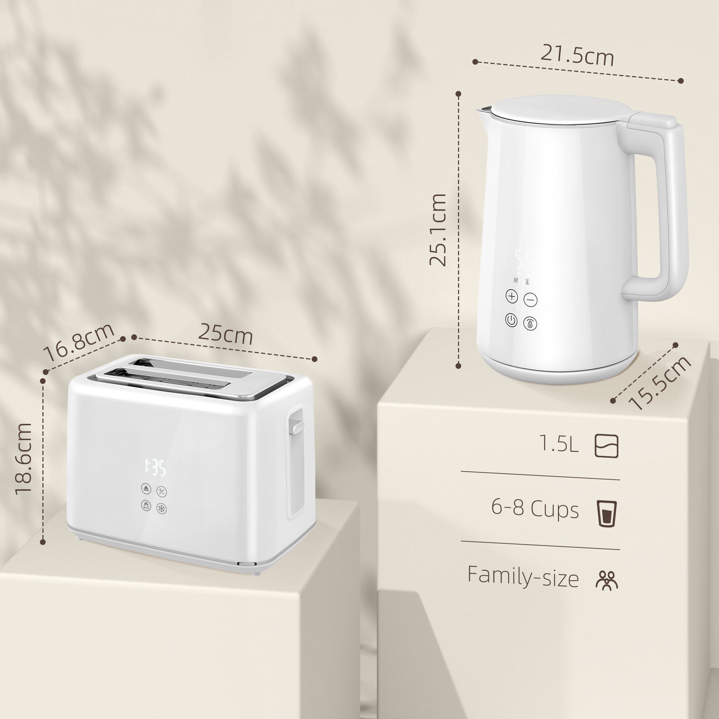 HOMCOM Polished Stainless Steel Kettle and Toaster Set in White 3000W Kettle and 2 Slice Toaster