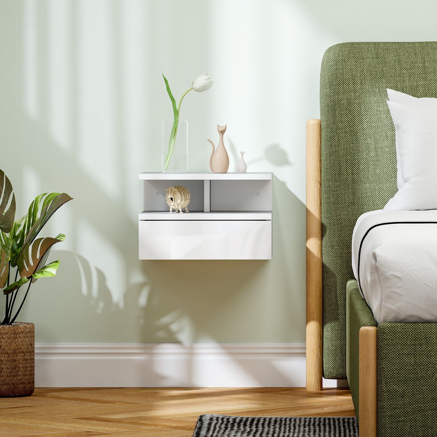 HOMCOM Floating High Gloss White Bedside Table With Pull Out Drawer And Open Shelf Wall Mounted Nightstand