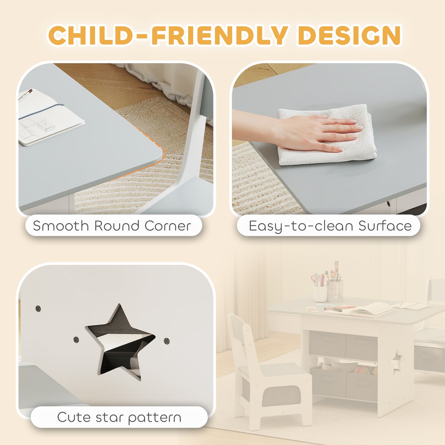 AIYAPLAY Kids Table and Chair Set With Six Removable Drawers for Boys and Girls Ages Three to Eight Light Grey
