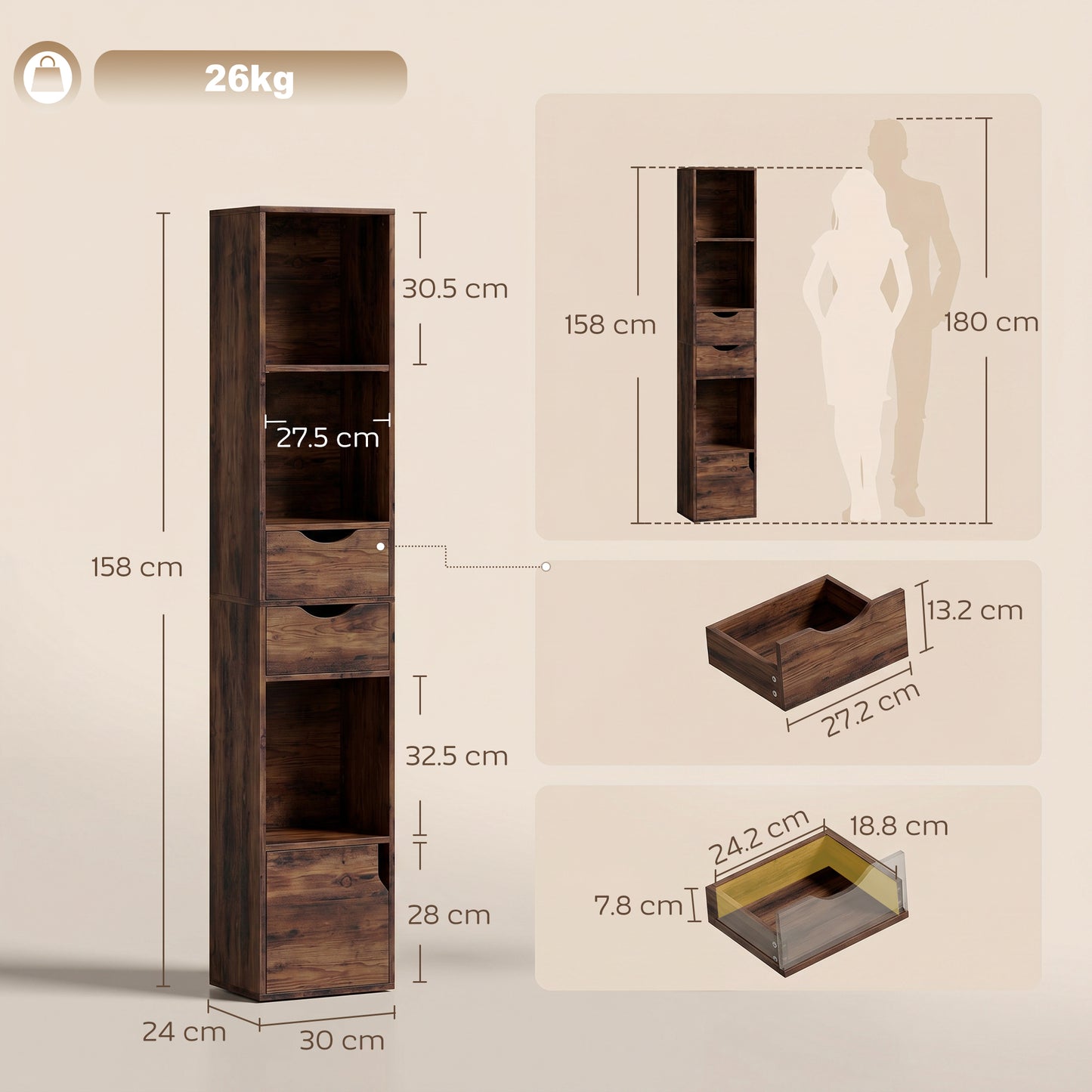 HOMCOM Rustic Brown Bookcase With Two Drawers And Cabinet, Adjustable Shelves, 158 Cm Tall