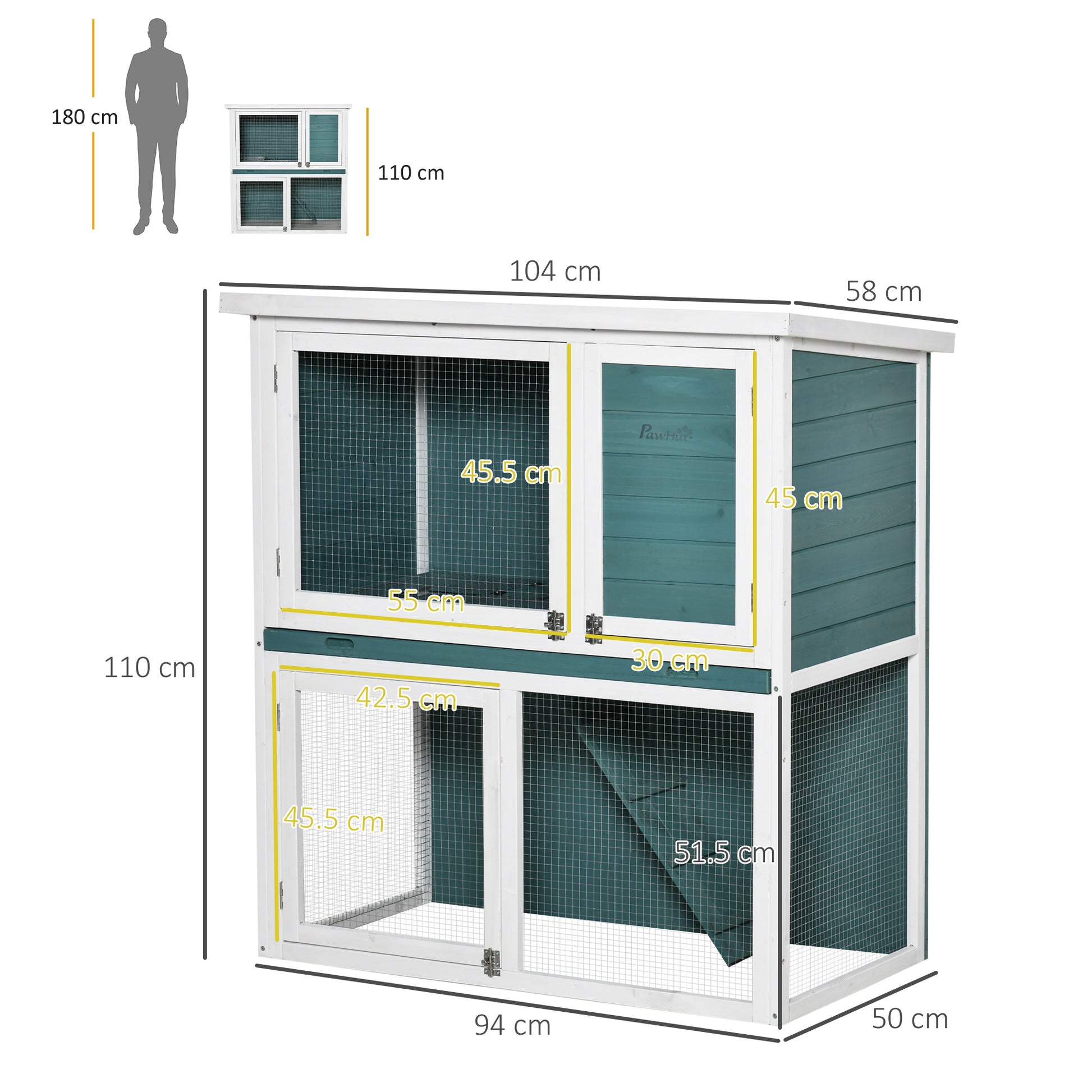 PawHut 2 Tier Wooden Rabbit Hutch and Guinea Pig Cage with Slide-out Tray for Indoor/Outdoor Use, 104 x 58 x 110cm, Green - ALL4U RETAILER LTD