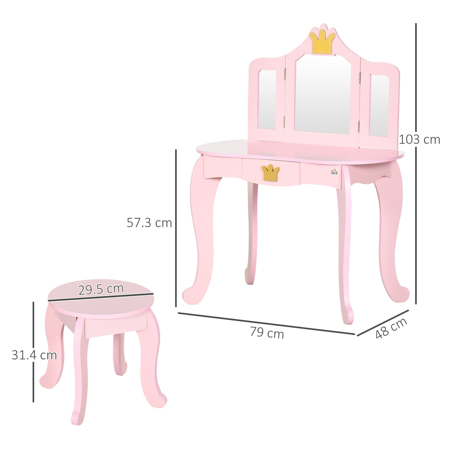 HOMCOM Princess-Themed Kids Vanity Set with Rotating Mirrors and Drawer, Pink Dressing Table and Stool for Girls - ALL4U RETAILER LTD