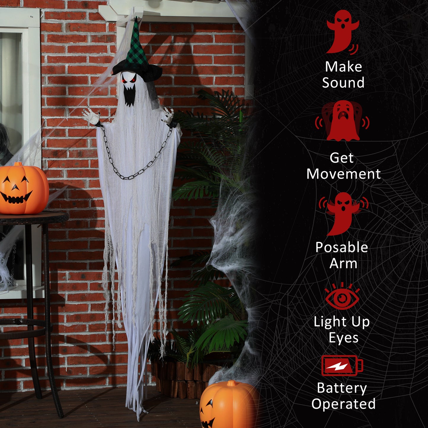 HOMCOM Spooky 80" Animated Hanging Ghost Decoration with Sound and Light Effects for Halloween - ALL4U RETAILER LTD