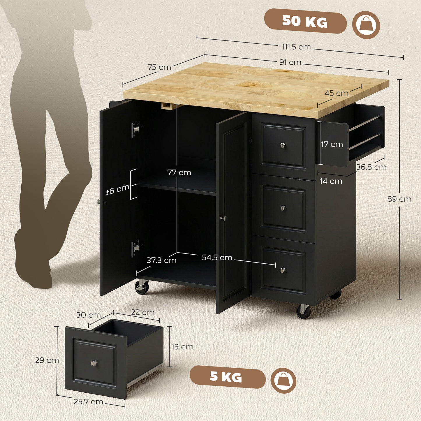 HOMCOM Kitchen Island On Wheels Rolling Kitchen Storage Trolley With Drop Leaf Drawers Towel Rack And Spice Rack Black