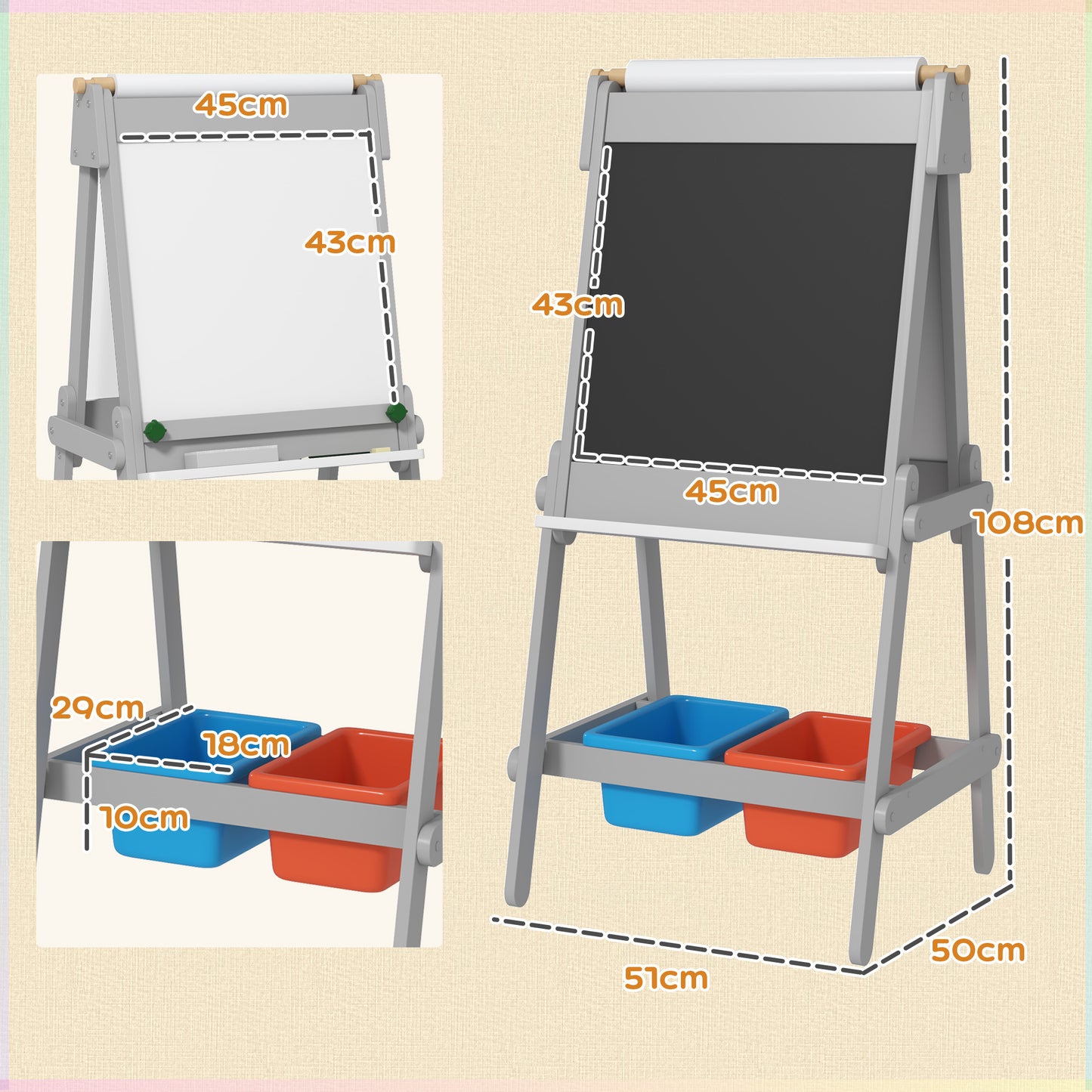 AIYAPLAY Art Easel for Kids with Paper Roll 3 in 1 Double Sided Chalkboard Whiteboard Storage Boxes