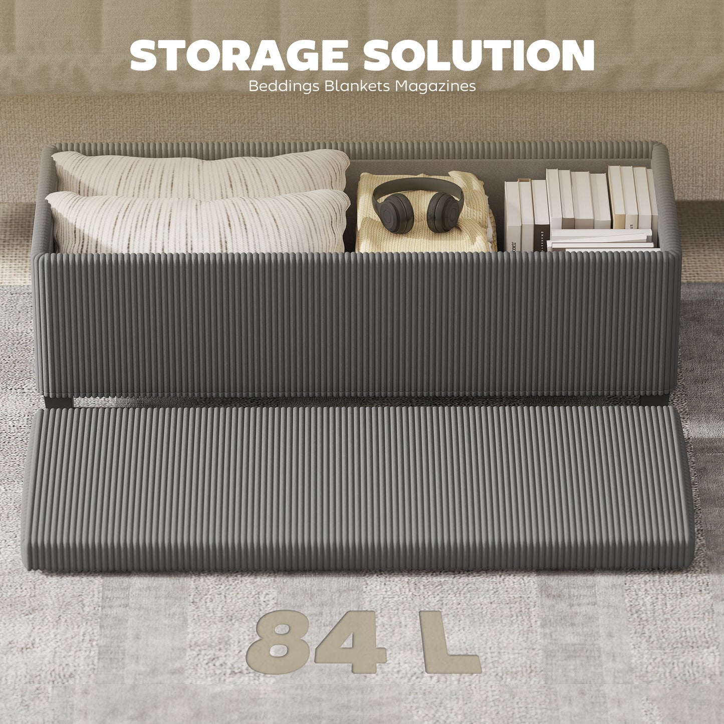 HOMCOM 84L Corduroy Storage Ottoman Grey Padded Top With Generous Storage For Bedroom And Living Room