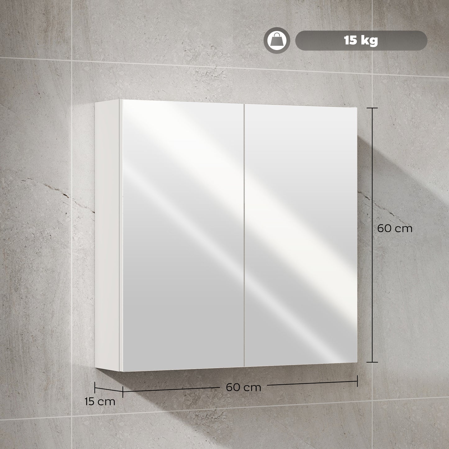 HOMCOM 60 x 15 cm White Double Door Wall Mounted Bathroom Mirror Cabinet With Adjustable Shelves