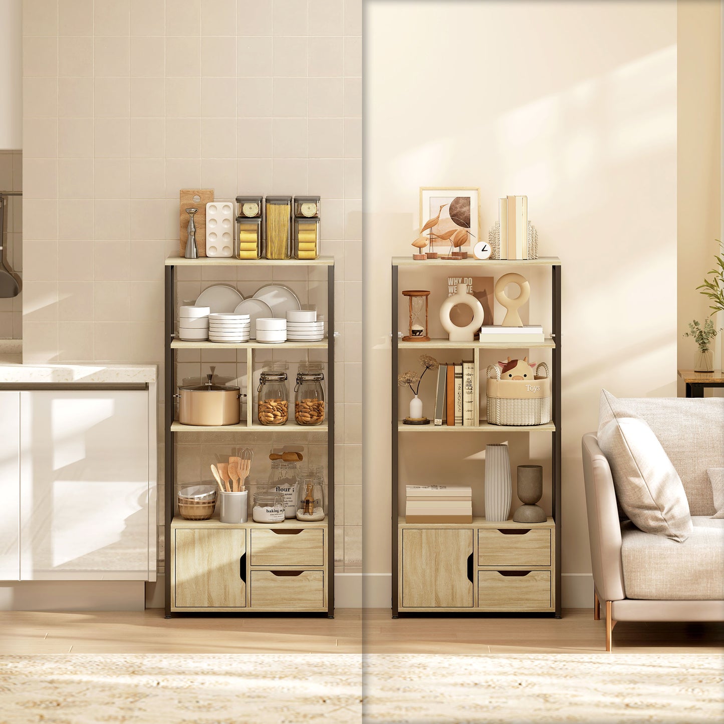 HOMCOM 4 Tier Bookcase With Cabinet And 2 Drawers Natural Wood Industrial Loft Style For Living Room Bedroom And Study