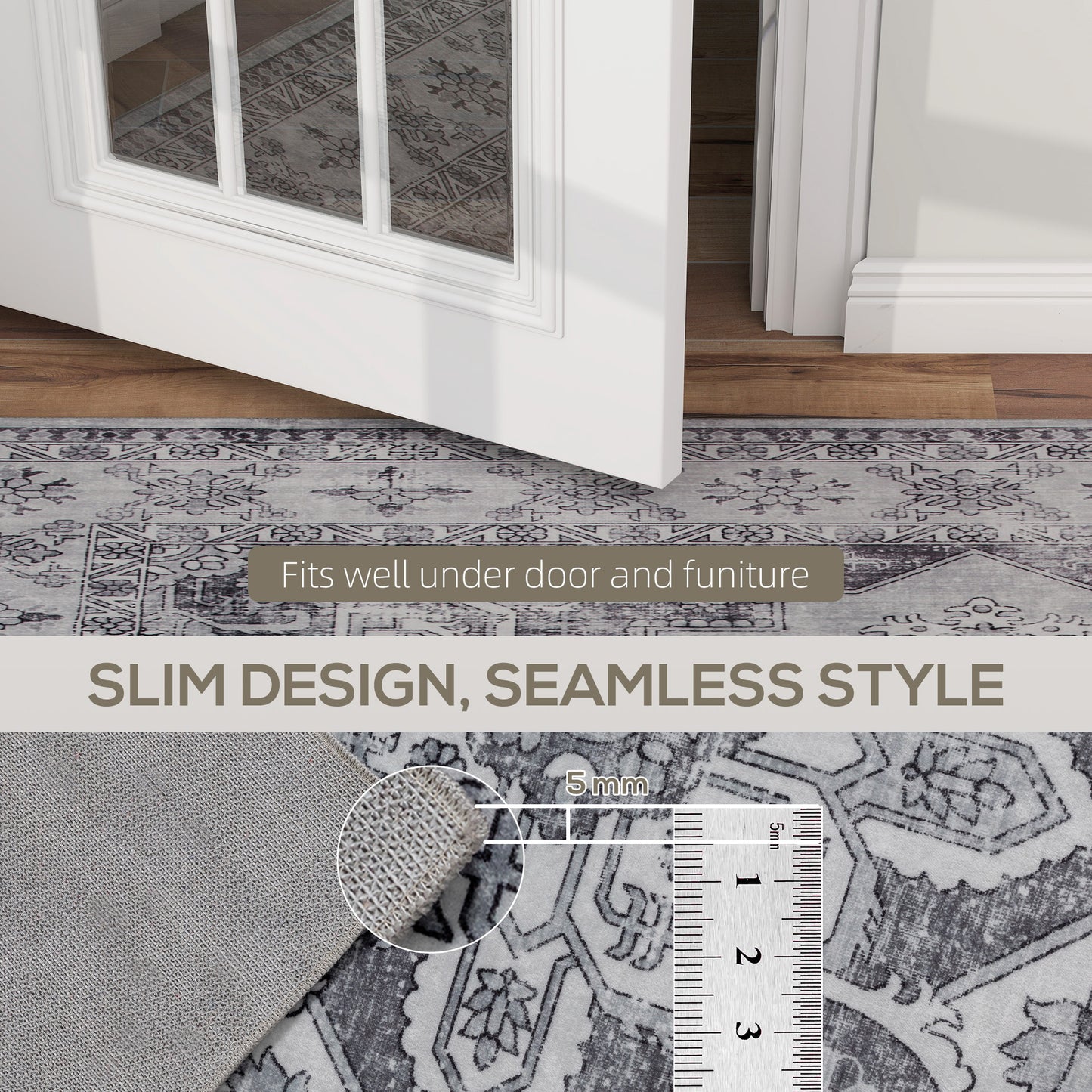 HOMCOM Vintage Area Rug Non Slip Washable Flannel Floor Carpet For Living Room And Bedroom Grey 230 X 160 Cm
