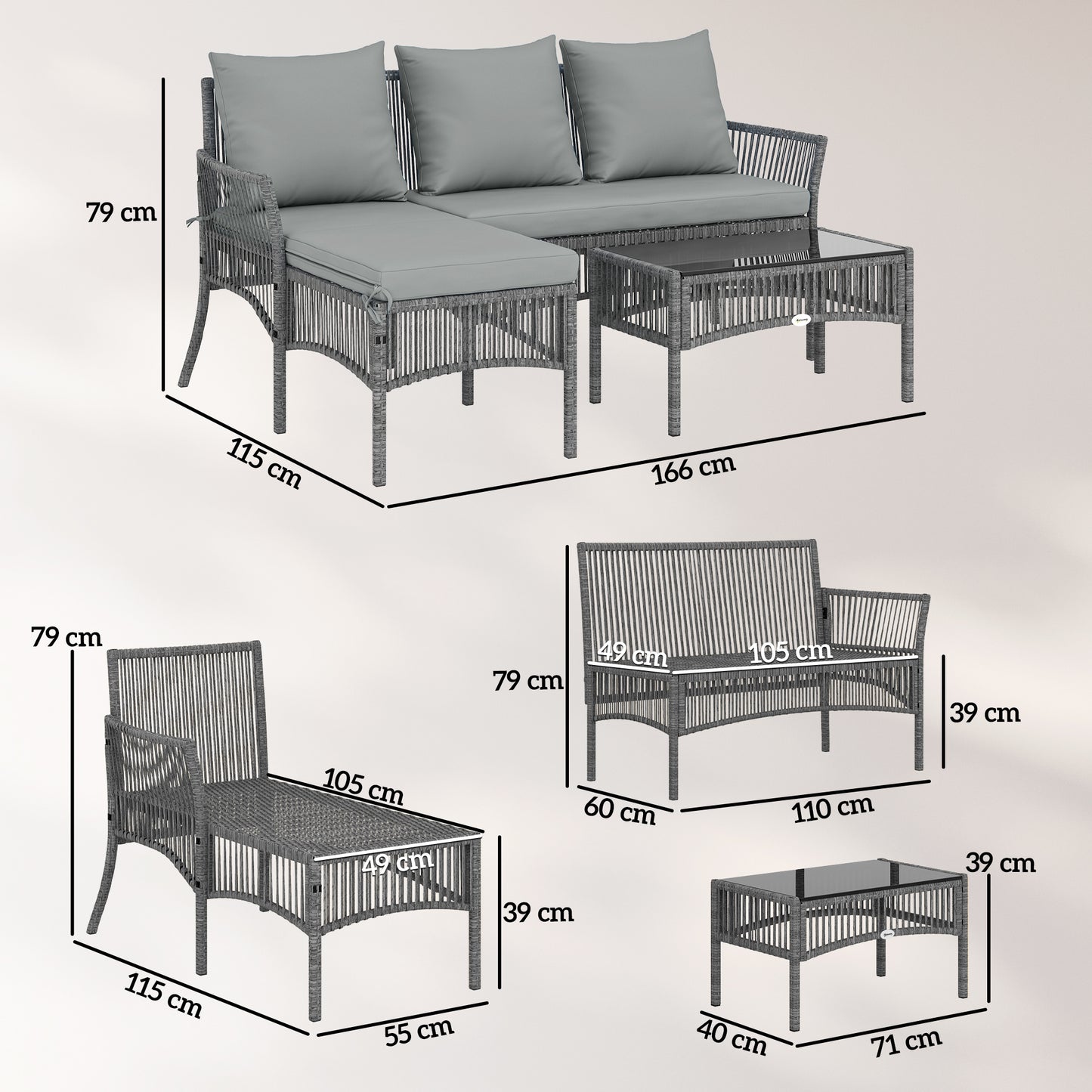 Outsunny 3 Piece Rattan Garden Furniture Set Corner Sofa With Chaise Lounge And Glass Coffee Table Dark Grey Cushions