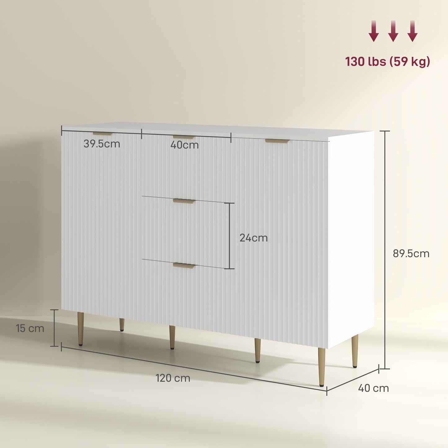 HOMCOM Two Door Sideboard With 3 Drawers And Adjustable Shelves White For Living Room And Kitchen Storage