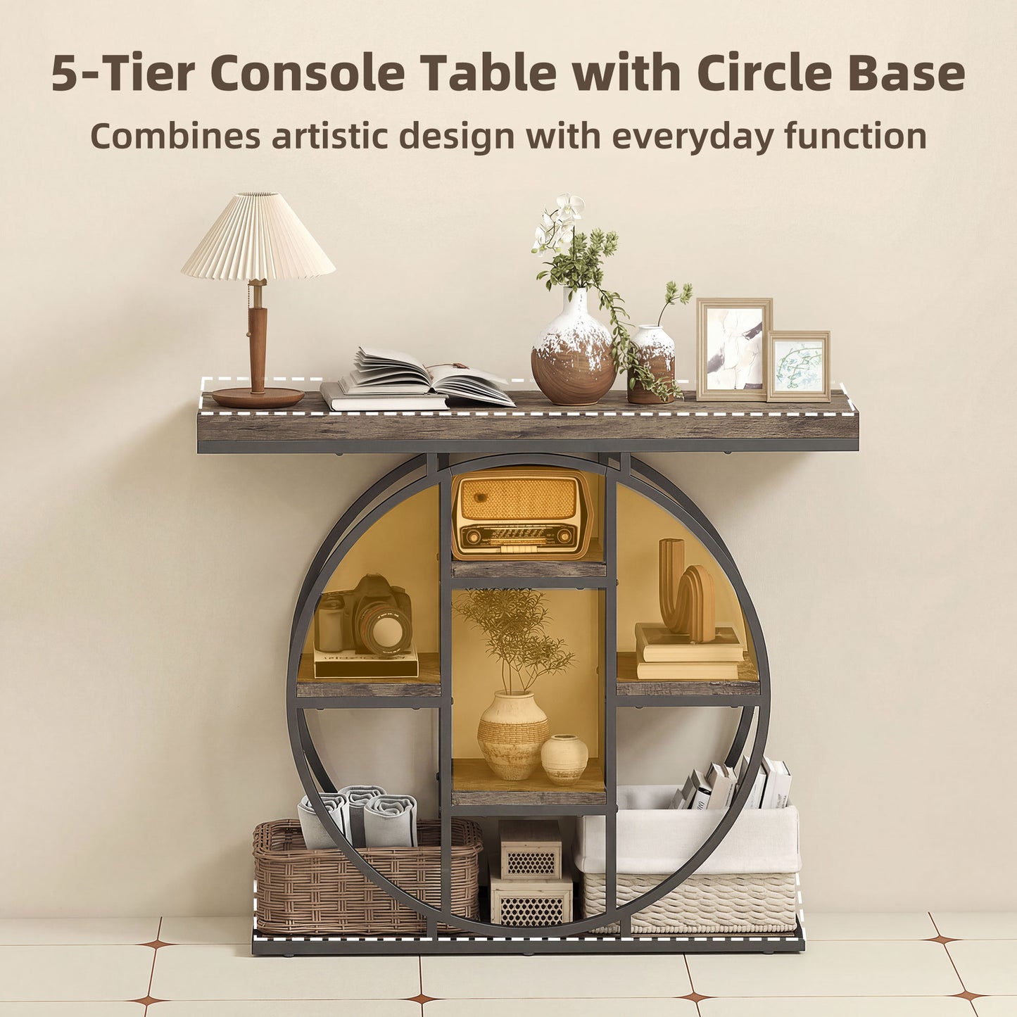 HOMCOM Industrial Console Table With Storage Shelves For Entryway Rustic Brown Vintage Style Thick Tabletop