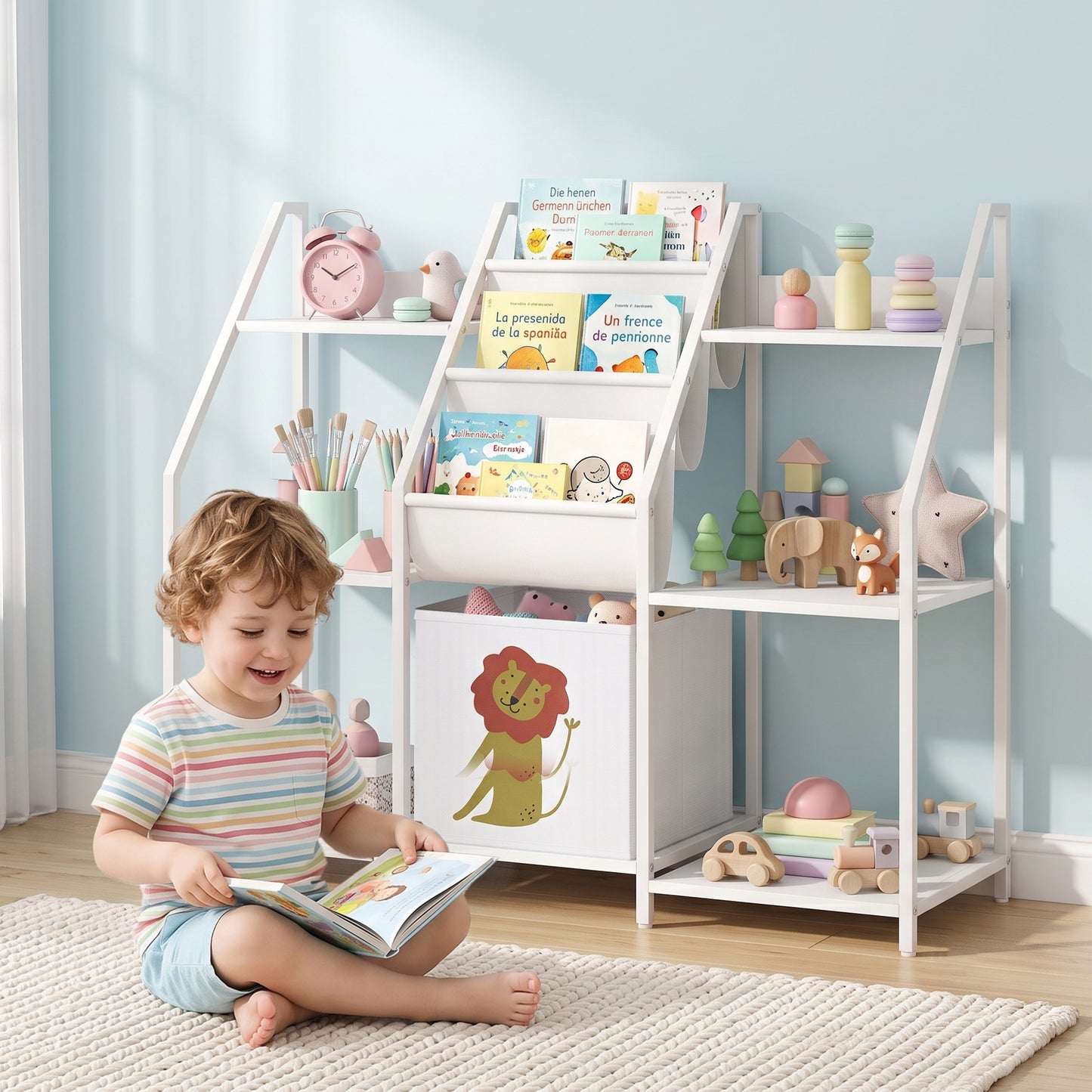 AIYAPLAY Kids Bookshelf And Toy Storage With 3 Tier Sling Book Rack And Fabric Drawer For Nursery Bedroom Playroom White