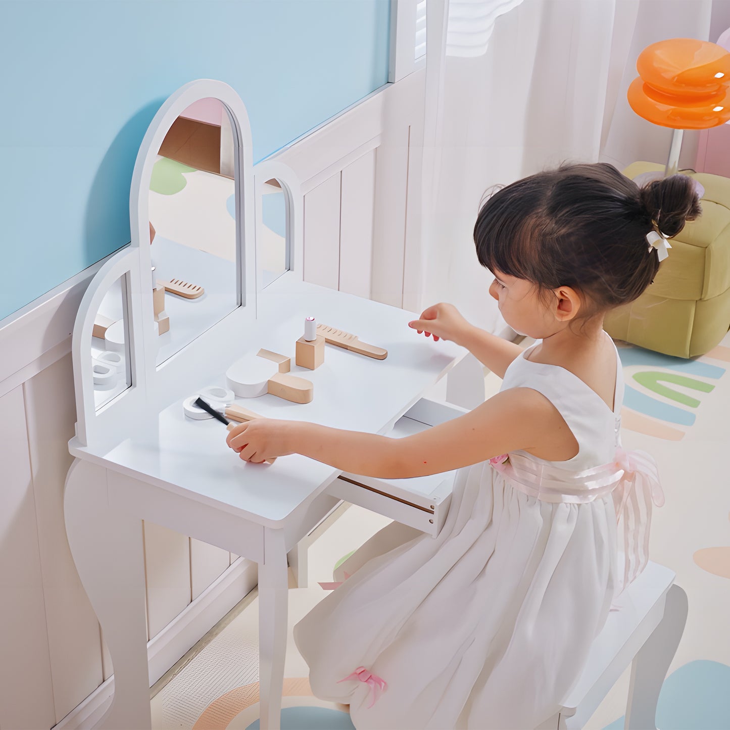 HOMCOM Kids Dressing Table Set With Mirror And Drawer White Vanity Desk for Girls