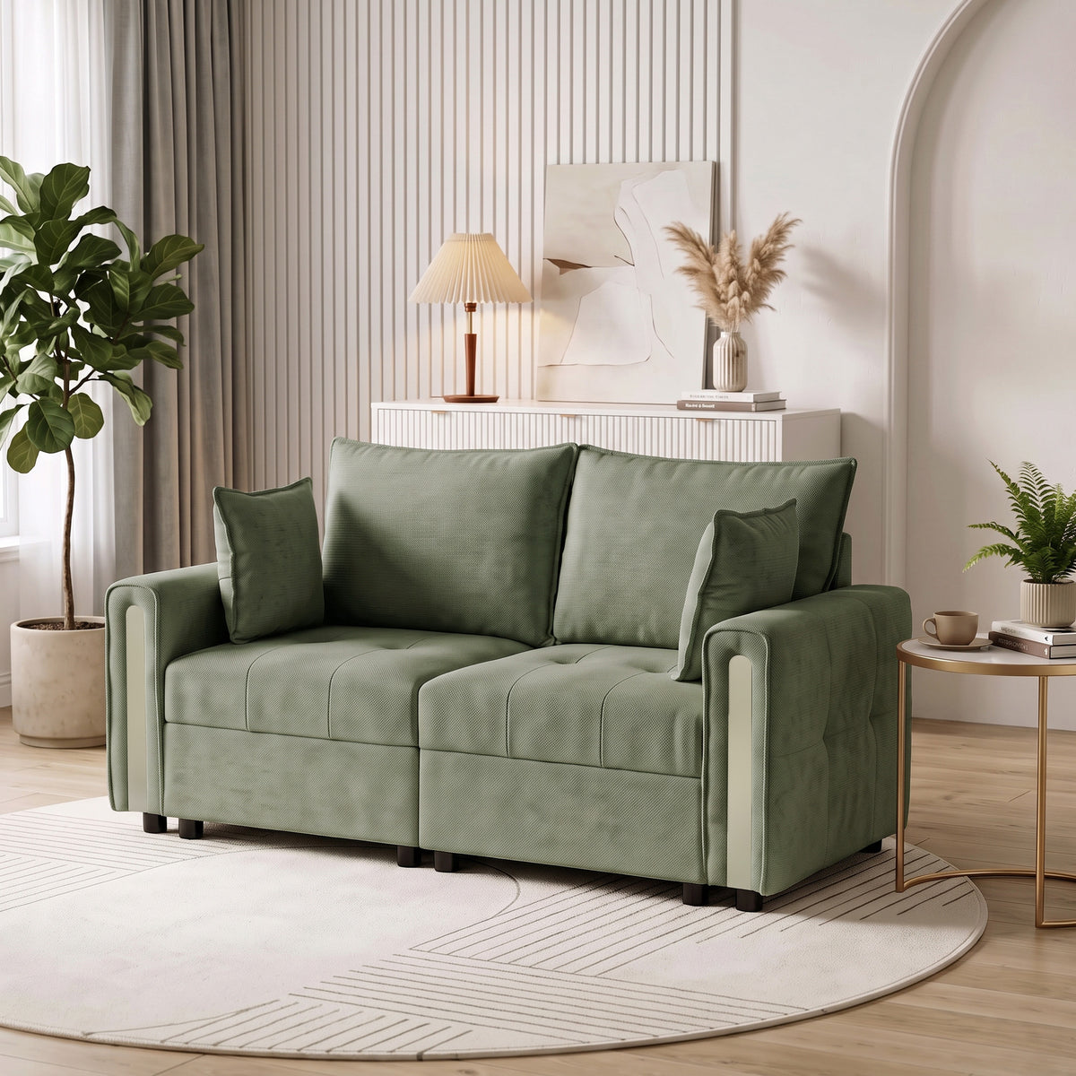 Dark green velvet loveseat sofa with three back cushions and wide track arms