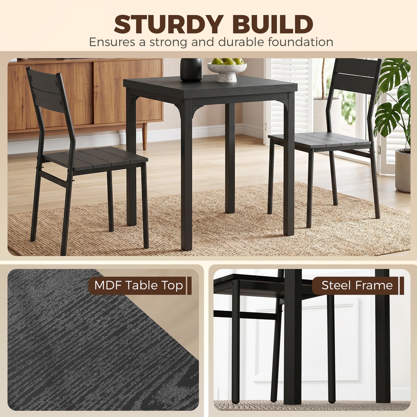HOMCOM 3 Piece Space Saving Kitchen Table And Chairs Set For 2 With Metal Legs Black Wood Effect
