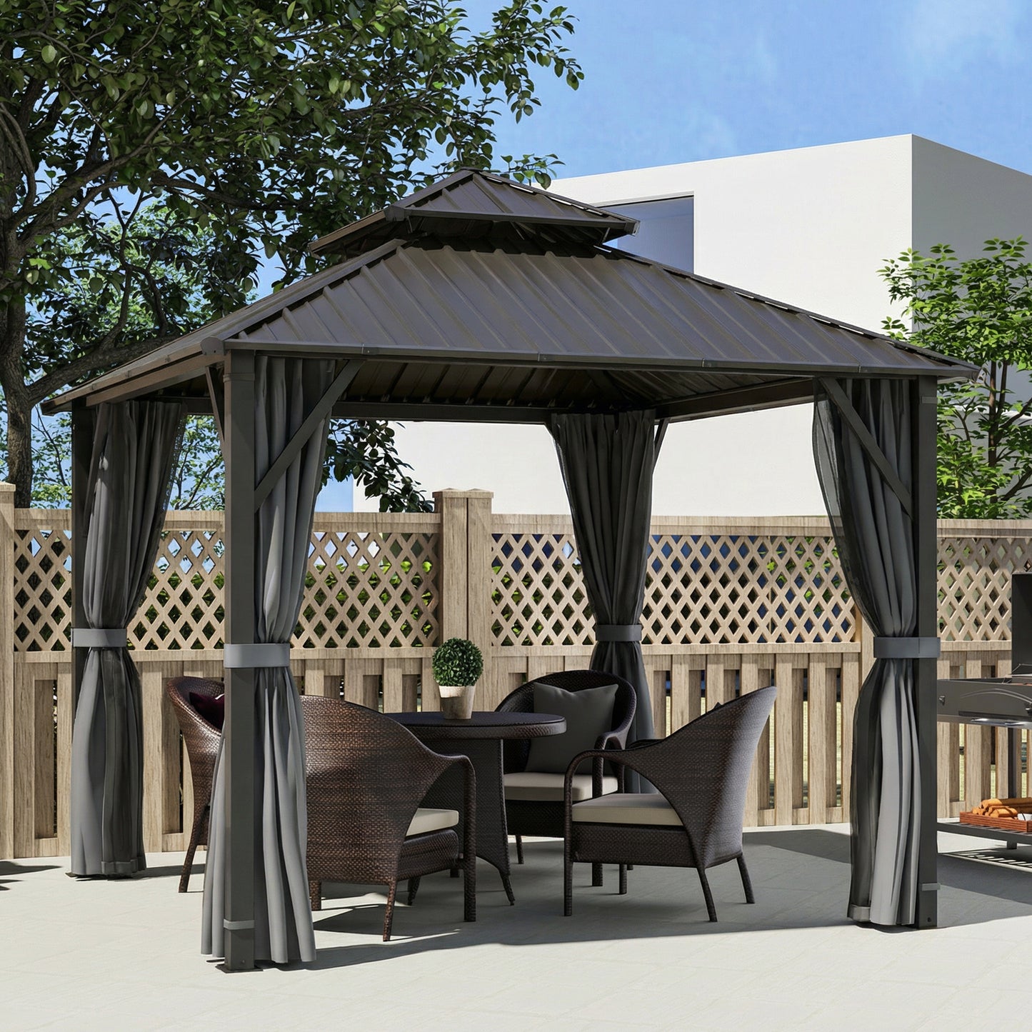 Outsunny 3 x 3m Hardtop Gazebo With Metal Roof Waterproof Permanent Pavilion Garden Canopy Netting Curtains Grey