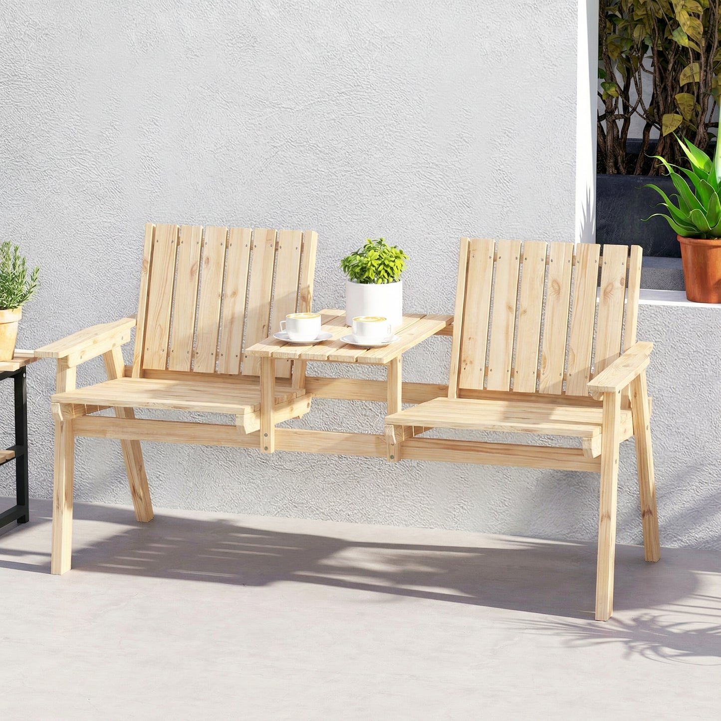 Outsunny 2 Seater Outdoor Garden Loveseat With Table And Parasol Hole In Natural Fir Wood Finish