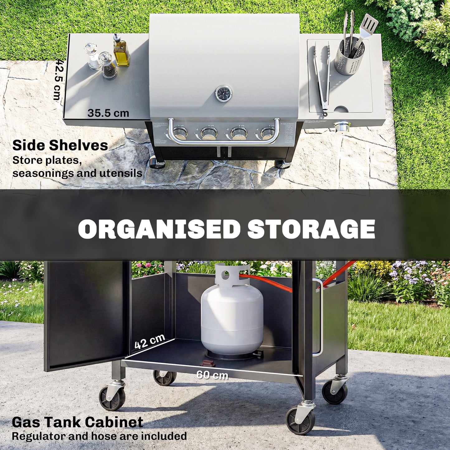 Outsunny Four Burner And One Side Burner Gas BBQ Grill 50000 BTU Steel Portable With Built In Thermometer And Lid