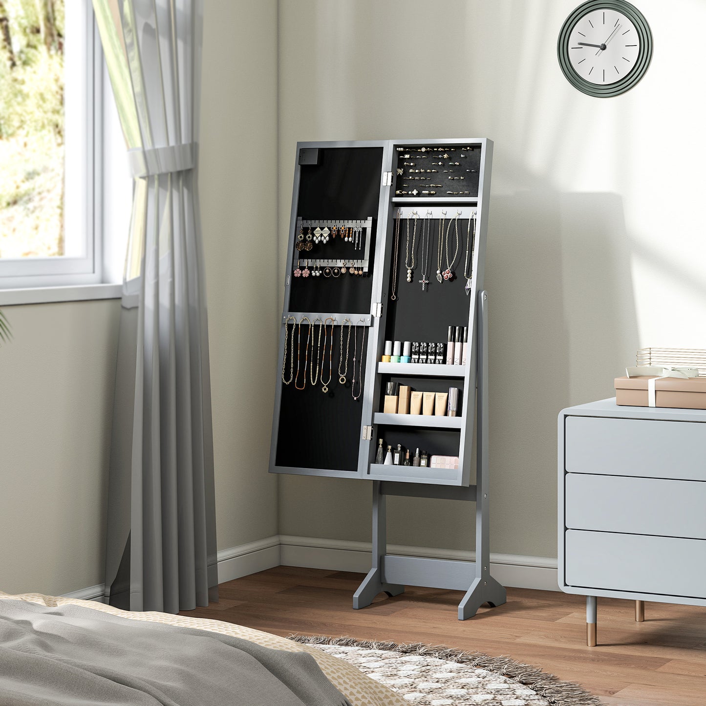 HOMCOM Freestanding Mirrored Jewellery Storage Cabinet With LED Lights Grey 70 Ring Slots And 32 Earring Slots