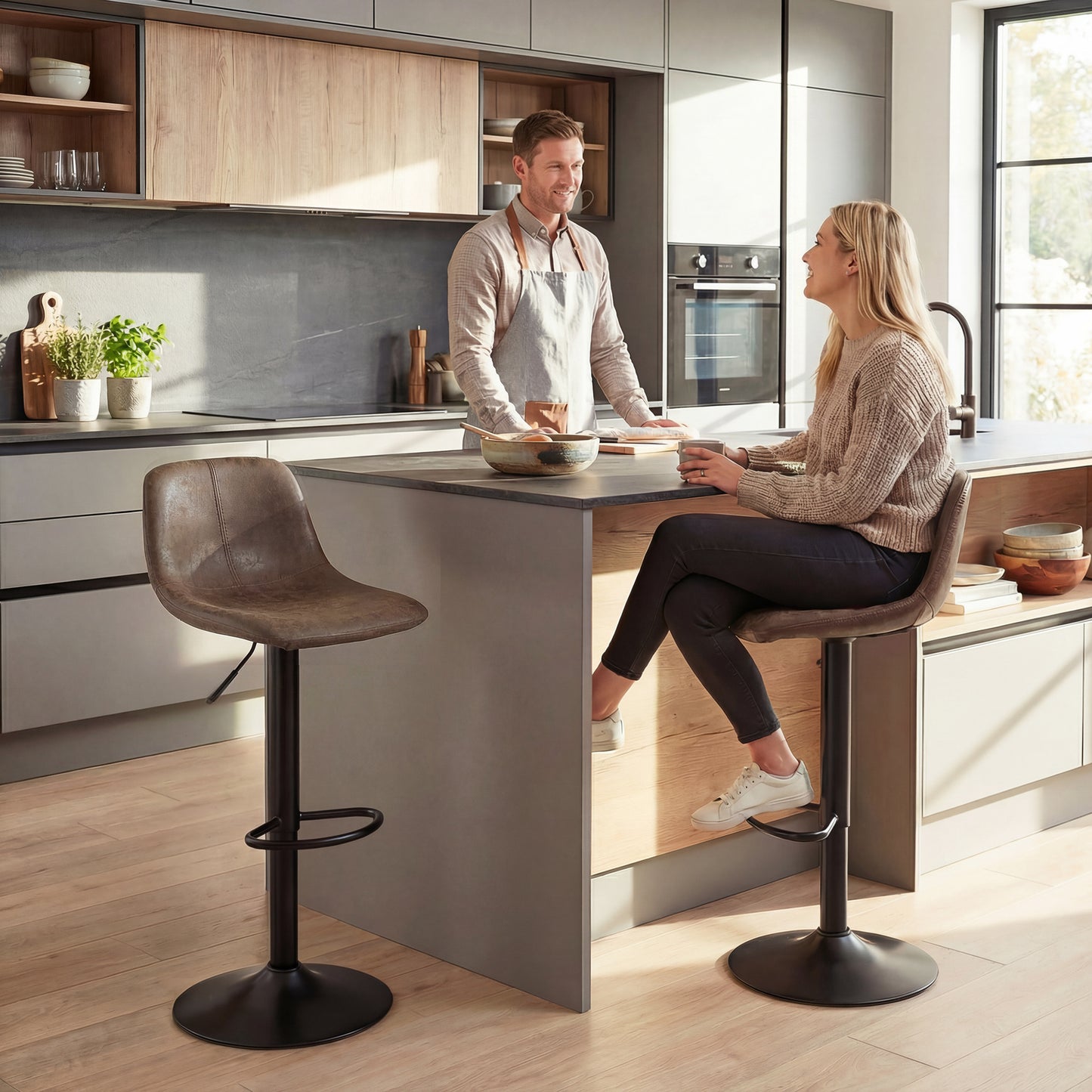 HOMCOM Barstools Set Of 2 Swivel Barstools With Footrest Adjustable 60 To 82 Cm Brown For Kitchen Island Dining Room