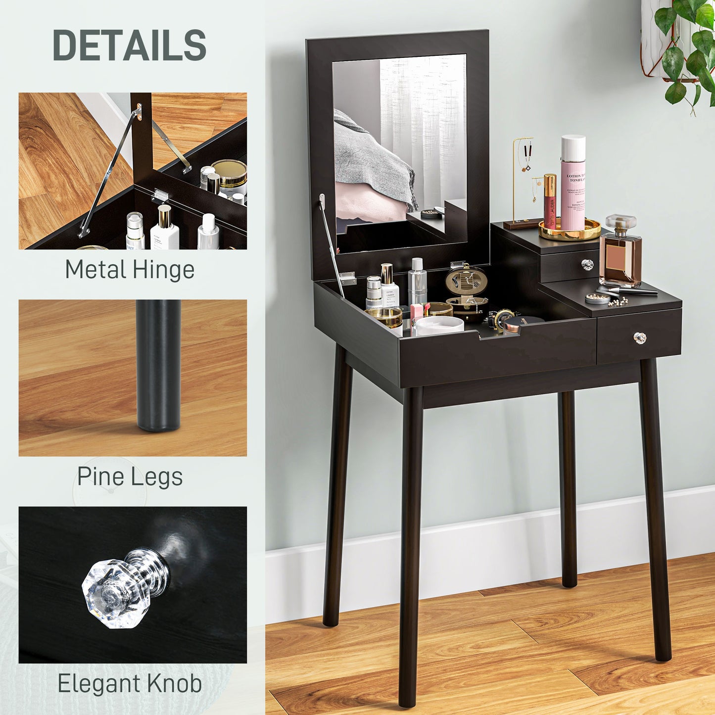 HOMCOM Dressing Table With Flip Up Mirror Two Drawers Pine Wood Legs Vanity Desk For Bedroom And Living Room Black