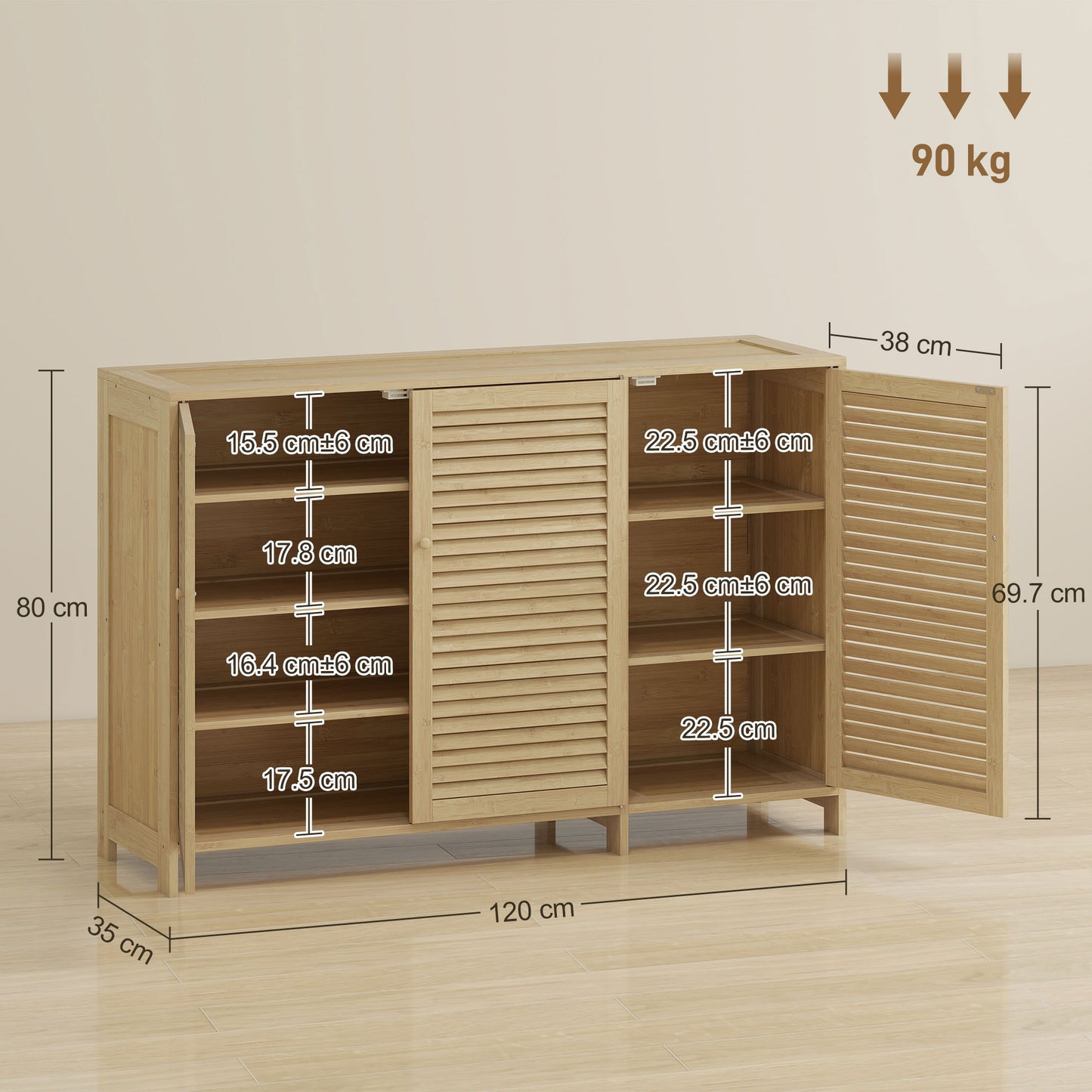 HOMCOM Bamboo Shoe Cabinet With Louvered Doors Natural Finish 18 Pair Shoe Storage With Adjustable Shelves For Hallway
