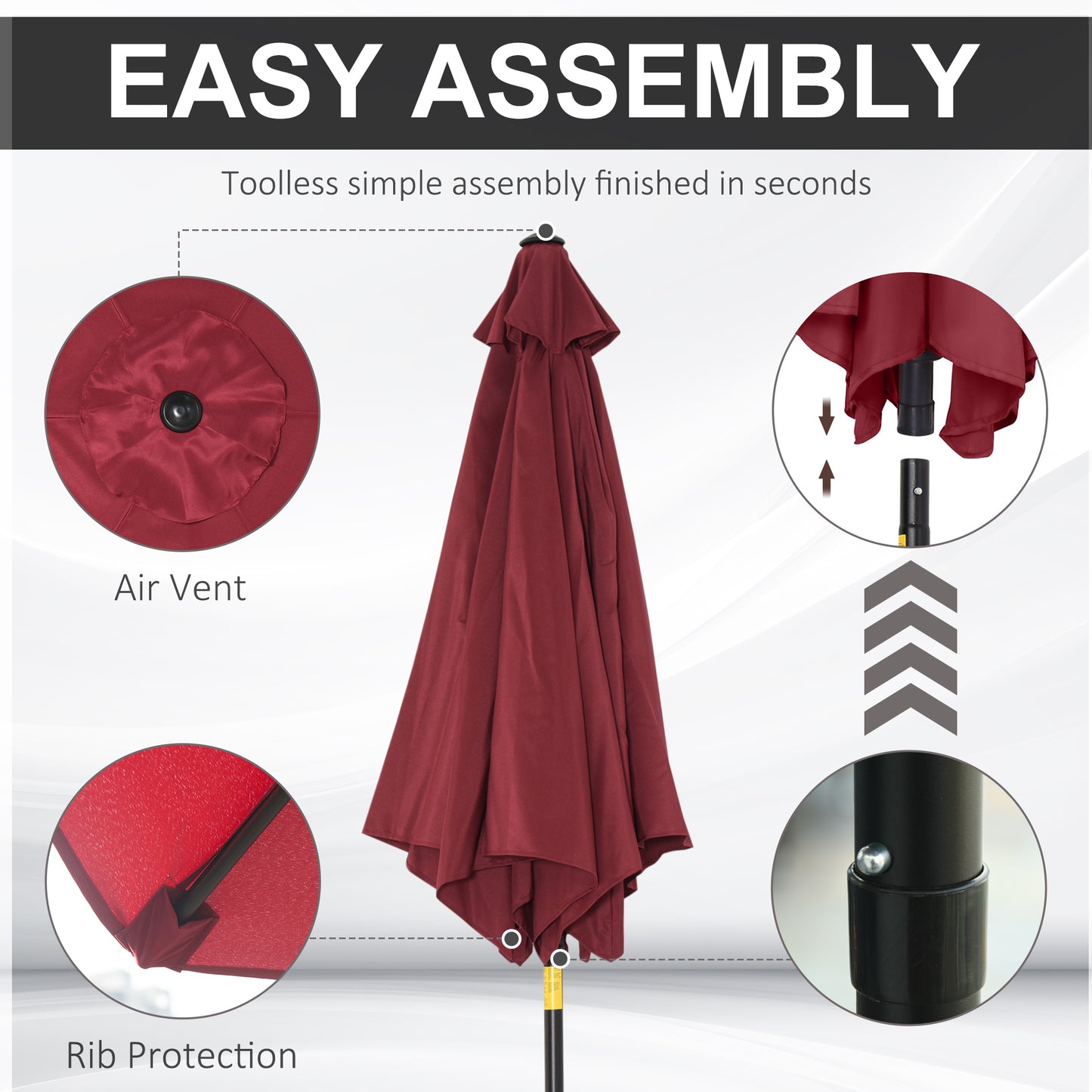 Outsunny Elegant 9ft Aluminum Patio Umbrella with Wine Red Canopy for Sun Protection - ALL4U RETAILER LTD