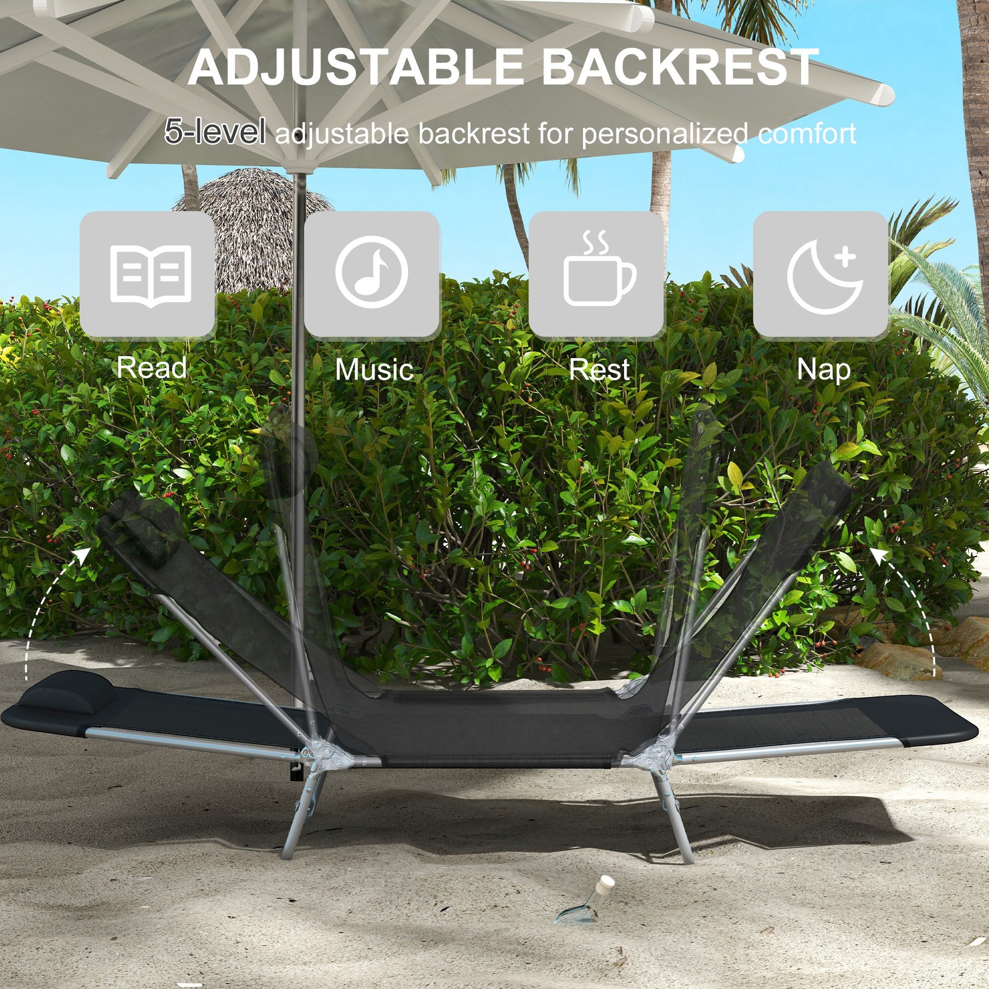 Outsunny Set of Two Adjustable Folding Sun Loungers with Steel Frame - Black - ALL4U RETAILER LTD